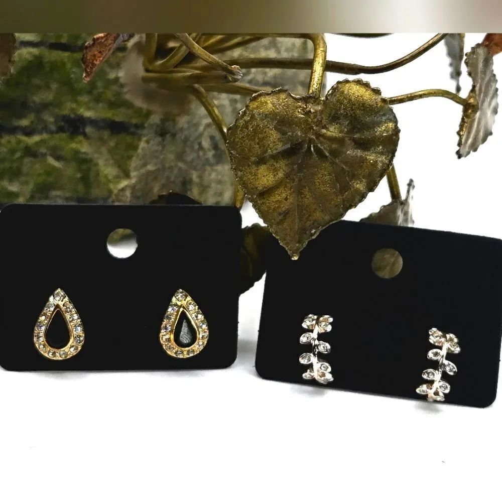 "5/$40" 2 Pairs Rhinestone Bling Earrings Black Acrylic Goldtone Hoop Post Stud